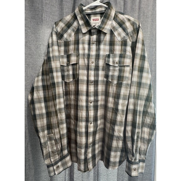 Levi's Modern Fit Shirt Mens XL Long Sleeve Pearl Snap Front green‎ Plaid Pocket - Picture 1 of 9